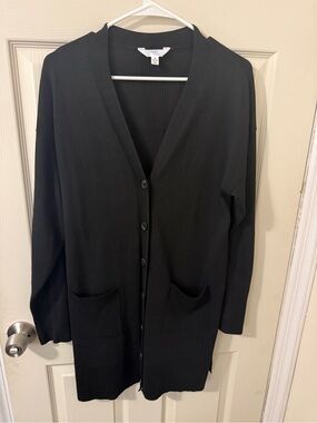 Knit Button-Front Long Cardigan in Black